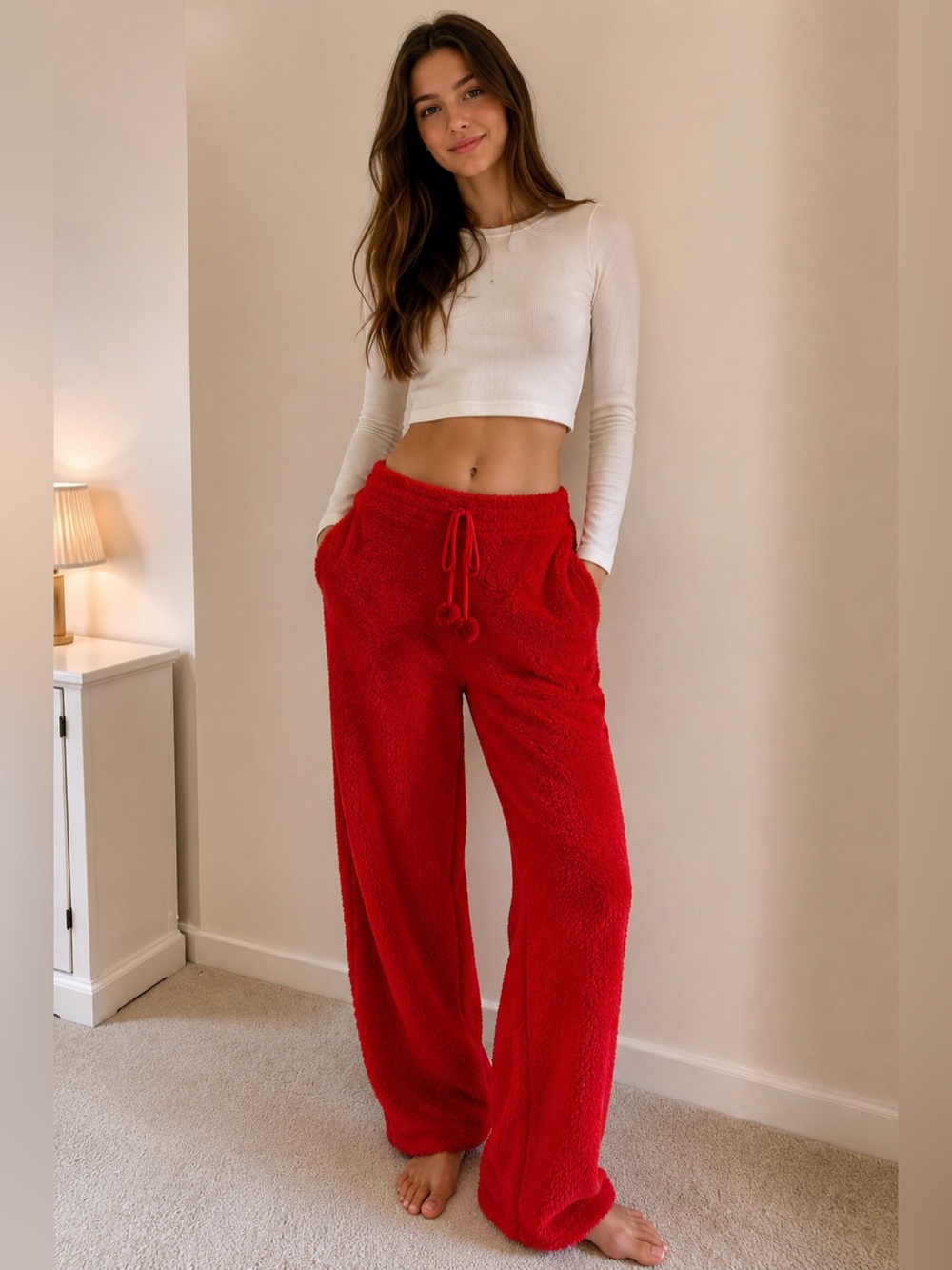Penti Red Plush Fuzzy Lounge Pants with Pom Pom Tie – Size S